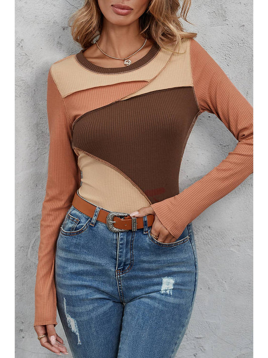 Brown Seam Exposed Color Block Ribbed Knit Top