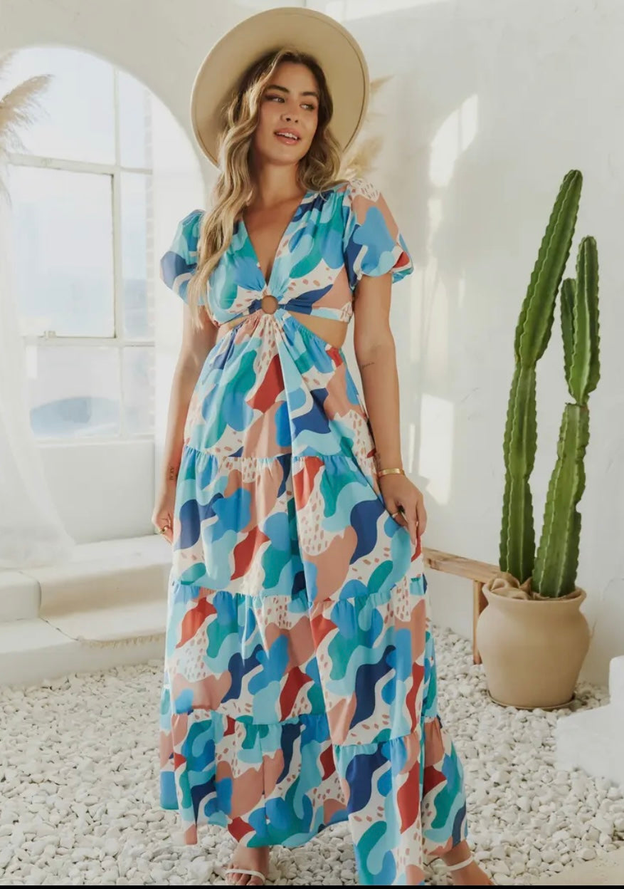 Abstract Maxi Dress - Blue Multi Color